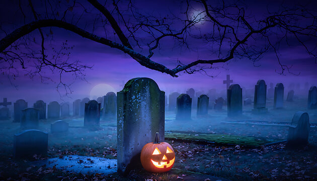 Halloween Graveyard Scene with Fog and Jack-o-Lantern at Blue Hour Night