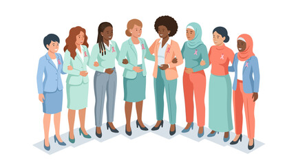 Obraz premium Isometric vector illustration of a diverse group of multiethnic women standing together in professional attire wearing pink ribbons for breast cancer awareness and support.