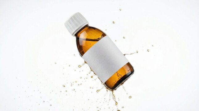 Amber glass medicine bottle mockup with liquid splash and blank label isolated on white background