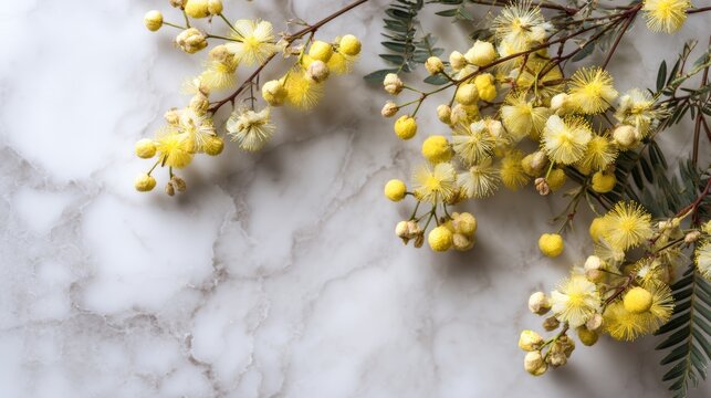 Acacia blossom over white marble background, delicate spring flowers with elegant botanical branches, soft floral texture, minimal luxury nature design, fresh seasonal floral decoration, light neutral