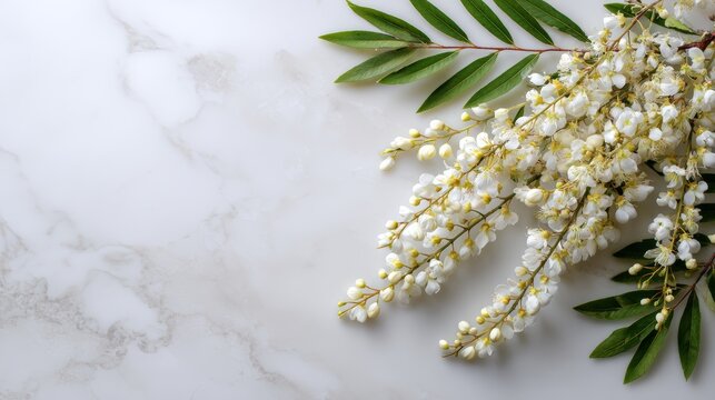 Acacia blossom over white marble background, delicate spring flowers with elegant botanical branches, soft floral texture, minimal luxury nature design, fresh seasonal floral decoration, light neutral