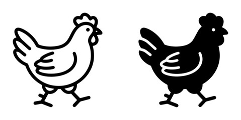 Fototapeta premium Chicken Icons, Simple Vector Graphics of Poultry, Farm Animal Silhouette and Outline for Agricultural and Food Concepts