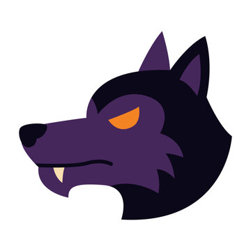 Stylized cartoon wolf head icon with glowing orange eyes for Halloween design.