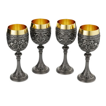 Four antique silver and gold goblets arranged in a row.