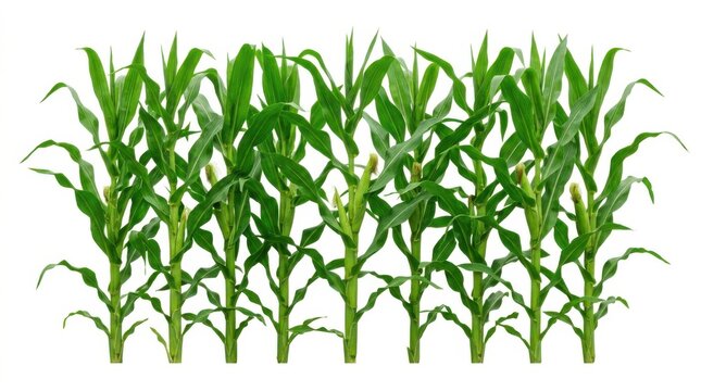 Fresh green corn stalks growing in a row isolated on a clean white background for farming agriculture
