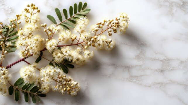 Acacia blossom over white marble background, delicate spring flowers with elegant botanical branches, soft floral texture, minimal luxury nature design, fresh seasonal floral decoration, light neutral