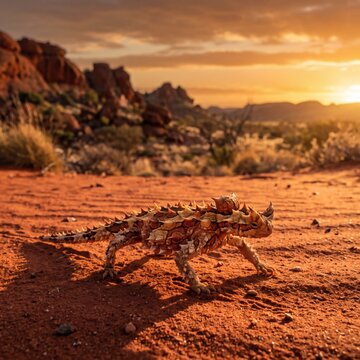 Thorny Devil Lizard Walking Across Red Desert Sand at Sunset in the Australian Outback