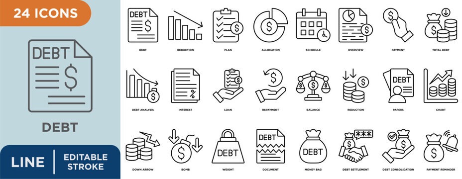 Debt line icon set with editable stroke for reduction, plan, allocation, schedule, overview, payment