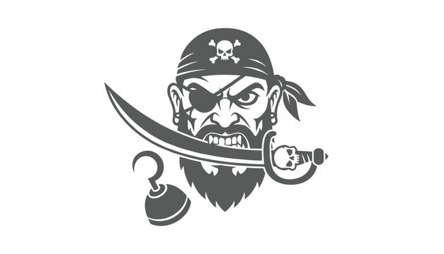 Angry pirate head with an eyepatch holding a sharp steel saber in its mouth and a hook on a clean white background.