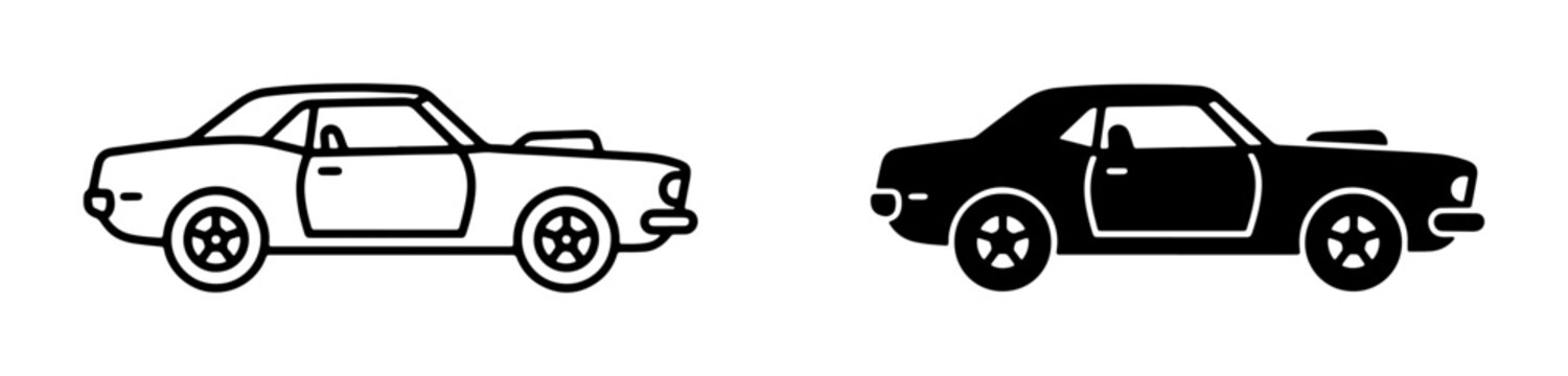 Classic Muscle Cars, Vintage Sports Car Icons, Retro Automotive Vector Art, Black and White Vehicle Graphics