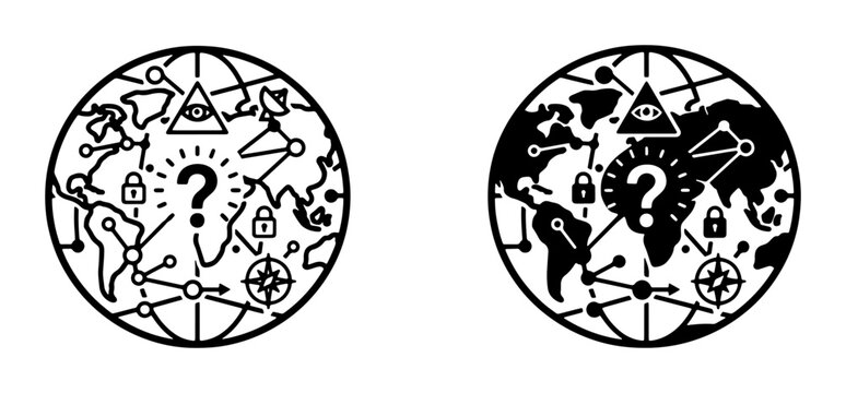 Global Mystery and Security Icons, World Map Network, Question Mark, Eye of Providence, Lock Symbols, Conspiracy, Information Flow