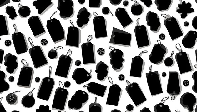 Seamless Black Friday background pattern made entirely from assorted blank sale tags, multiple silhouettes, varied orientations, subtle overlaps and consistent spacing, sophisticated retail packaging.