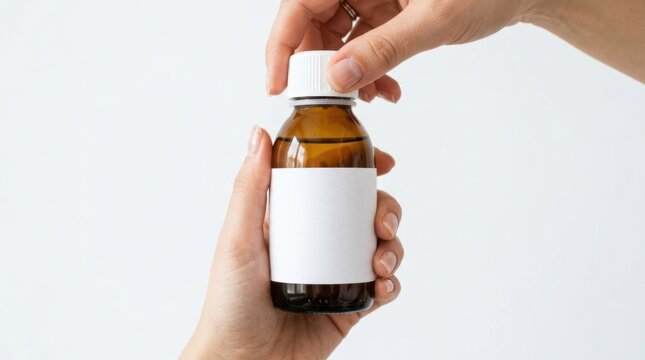 Close-up of a person's hand opening a small brown amber glass bottle with a blank white label on a white background