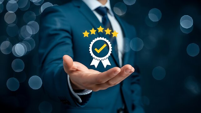 Businessman Hand Holding a Five Star Quality Assurance Badge Symbolizing Professional Excellence and Customer Satisfaction