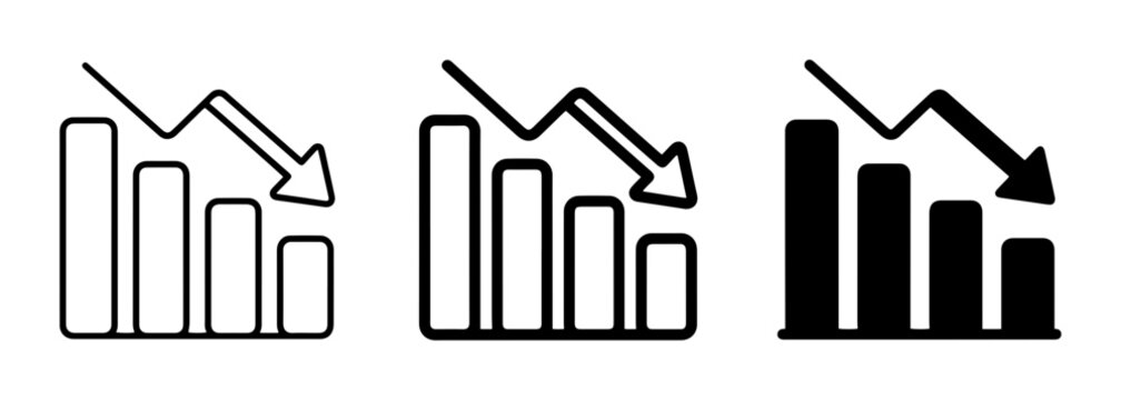 Declining Bar Chart Icons, Downward Trend Graph, Recession and Loss Symbols