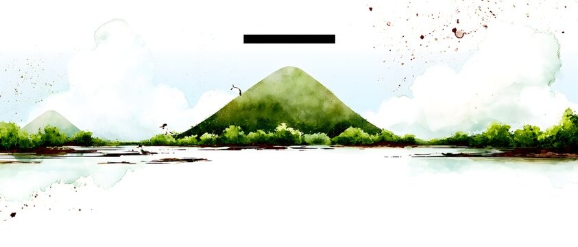 Watercolor landscape illustration with green mountain birds and ink splatter