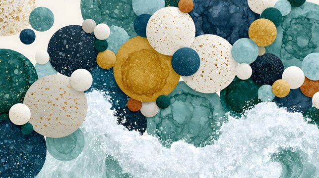 Teal and gold watercolor circles with ocean wave abstract background design