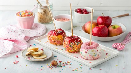 Obraz premium Festive candied apples with pastel sprinkles brighten any celebration and make delightful treats