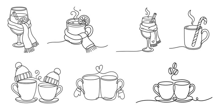 Cozy Christmas and winter drinks line art vector set for cafe menu design, holiday packaging, greeting cards and social media marketing
