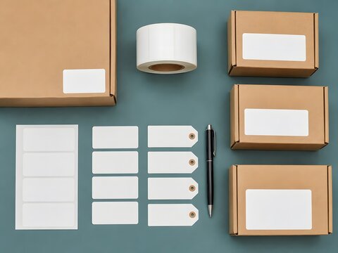 Small business inventory labels and cardboard boxes on a teal table