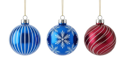 Obraz premium Three colorful christmas baubles hanging for holiday decor isolated on transparent background