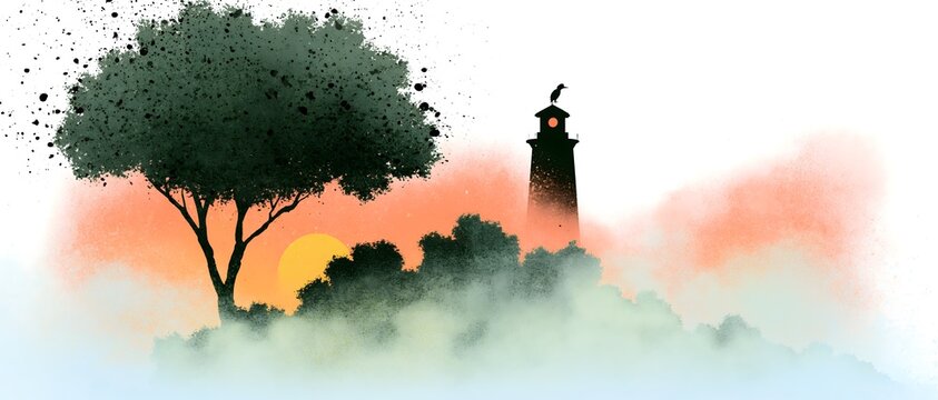 Lighthouse and tree silhouette illustration at sunset with bird landscape