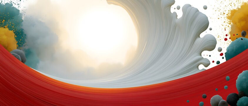 Abstract red wave swirl background with white smoke texture and copy space