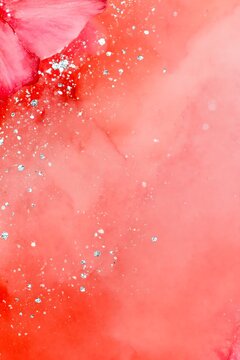 Coral watercolor texture with silver glitter and pink flower petals
