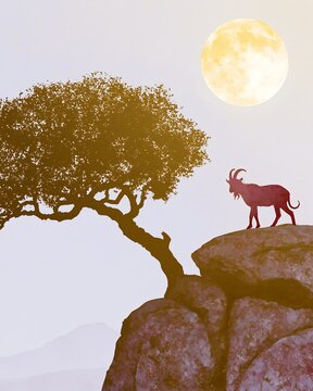 Illustration of a mountain goat on a cliff beneath a full moon