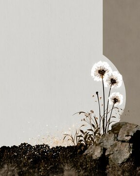 Minimalist dandelion flowers illustration growing on rocks with beige copy space background