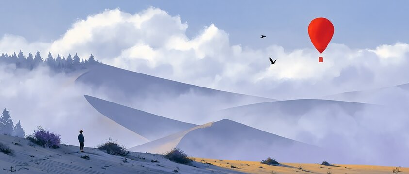 Illustration of person standing on foggy dunes watching red hot air balloon