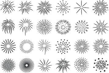 Obraz premium Decorative radial burst icon set, hand drawn starburst and floral pattern symbols for creative graphic design projects
