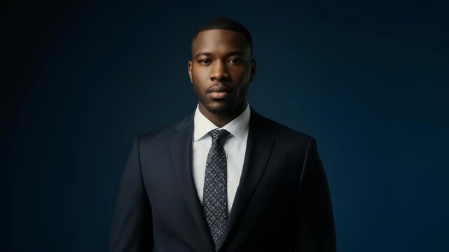 30-year-old Black man, elegant suit, determined emotion, solid dark blue background