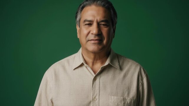 50-year-old Latin man, linen shirt, proud emotion, solid green background