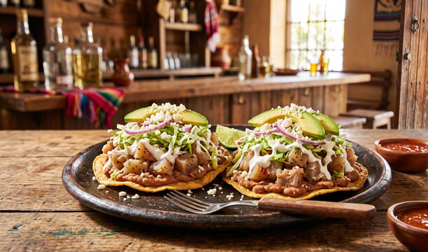 pair of crispy corn tostadas loaded with Tostadas de Pata served on an authentic clay plate,  Pickled pork trotters tossed with oregano vinegar dressing, layered over refried beans, shredded lettuce, 