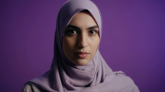 28-year-old Middle Eastern woman, elegant hijab, mysterious emotion, solid purple background
