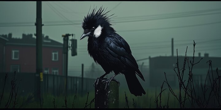 Mutant bird nesting in toxic sulfuric fumes revealing nature's resilience in harsh environments