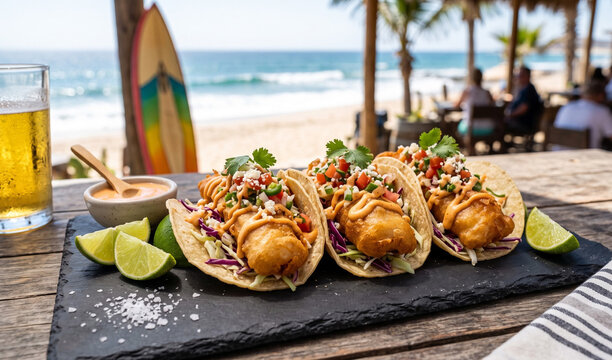 set of three crispy beer-battered fish tacos arranged on a dark slate tray,  Golden fried fish fillets in soft corn tortillas, topped with shredded red cabbage, creamy chipotle crema, pico de gallo, a