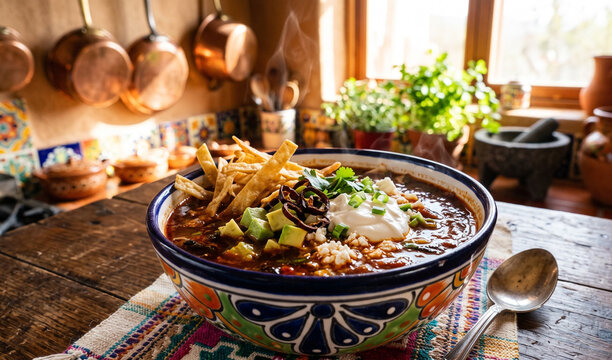piping-hot bowl of Sopa Azteca served in a hand-painted Mexican ceramic bowl,  Deep tomato-pasilla broth crowned with crispy fried tortilla strips, diced avocado, pasilla chili rings, crumbled queso f