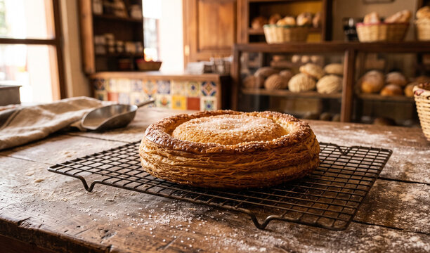 traditional Ojo de Buey sweet pastry resting on a wire cooling rack on a flour-dusted wooden counter,  Flaky puff pastry ring surrounding a soft, golden cake center sprinkled with crystal sugar. 