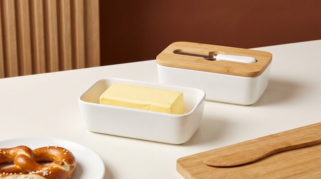Ceramic Butter Dish with Bamboo Lid and Stainless Steel Knife on Modern Kitchen Table Background