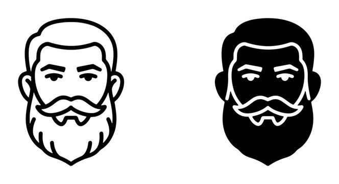 Bearded Man Icons, Modern Male Portrait Graphics, Hipster Face Symbols, Minimalist Outline and Silhouette Vector Set
