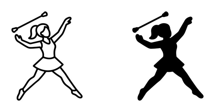 Twirling Baton Performer, Silhouette and Outline Vector Icons: Dynamic Majorette, Dance Sport, Performance Art, Athletic Competition