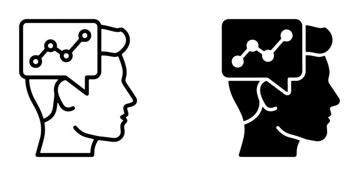 Business Growth Mindset Icon Set, Data Analysis Thought Bubble, Financial Strategy Concept, Human Head Silhouette with Chart