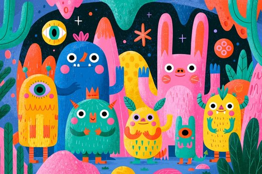 Vibrant, Cartoon-Style Illustration with Colorful Creatures and Surreal Landscape