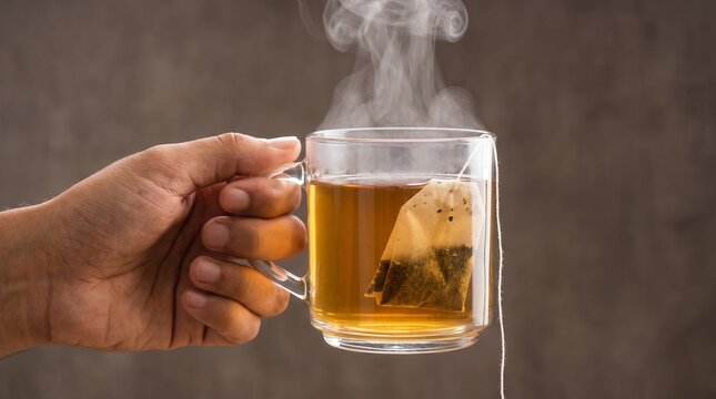 Hand Holding Clear Glass Mug with Hot Steaming Herbal Black Tea Bag on Dark Brown Background