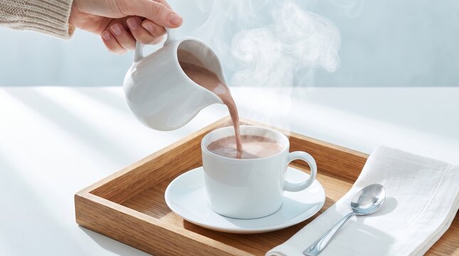 Pouring Hot Cocoa Chocolate from Ceramic Pitcher into Steaming Cup on Wooden Tray Breakfast Concept