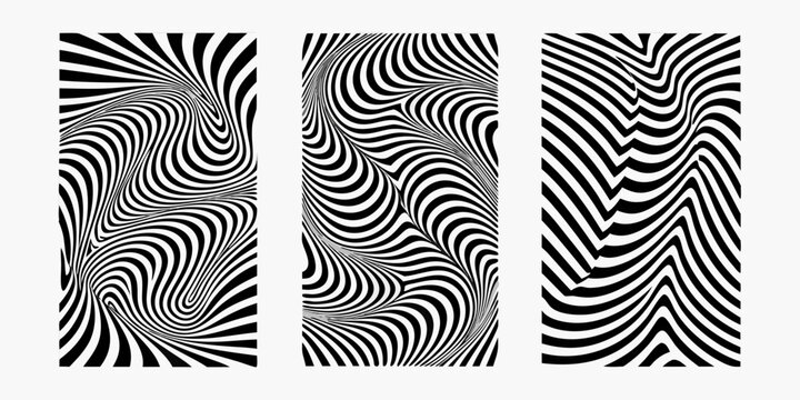 Three vertical panels display a swirling black and white optical illusion pattern against a white background abstract arrangement blackandwhite curvature decorative design disorientation