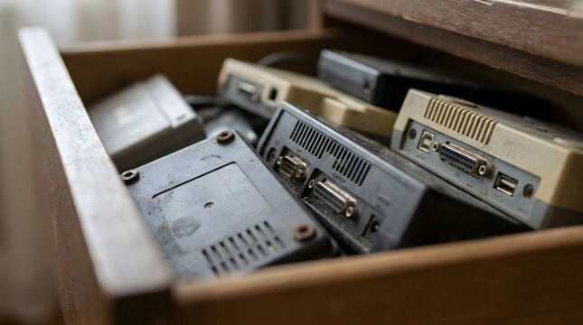 Vintage Computer Peripherals and Obsolete Electronic Hardware Stored in Wooden Drawer