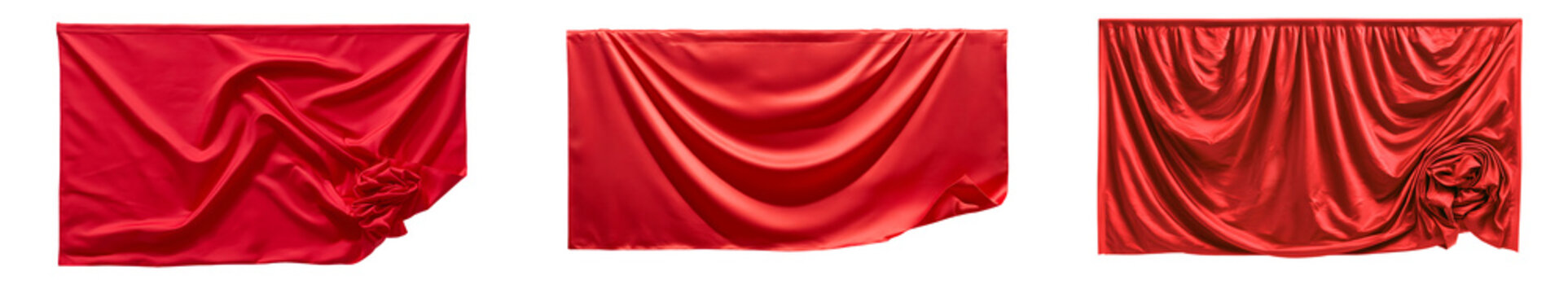 Set of three red silk drapes hanging with different folds isolated on transparent background